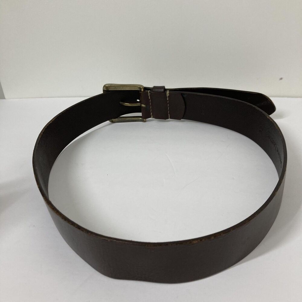 Timberland Leather Belt Mens 32 Brown Antique Brass Buckle Tree Logo Casual - Picture 3 of 14